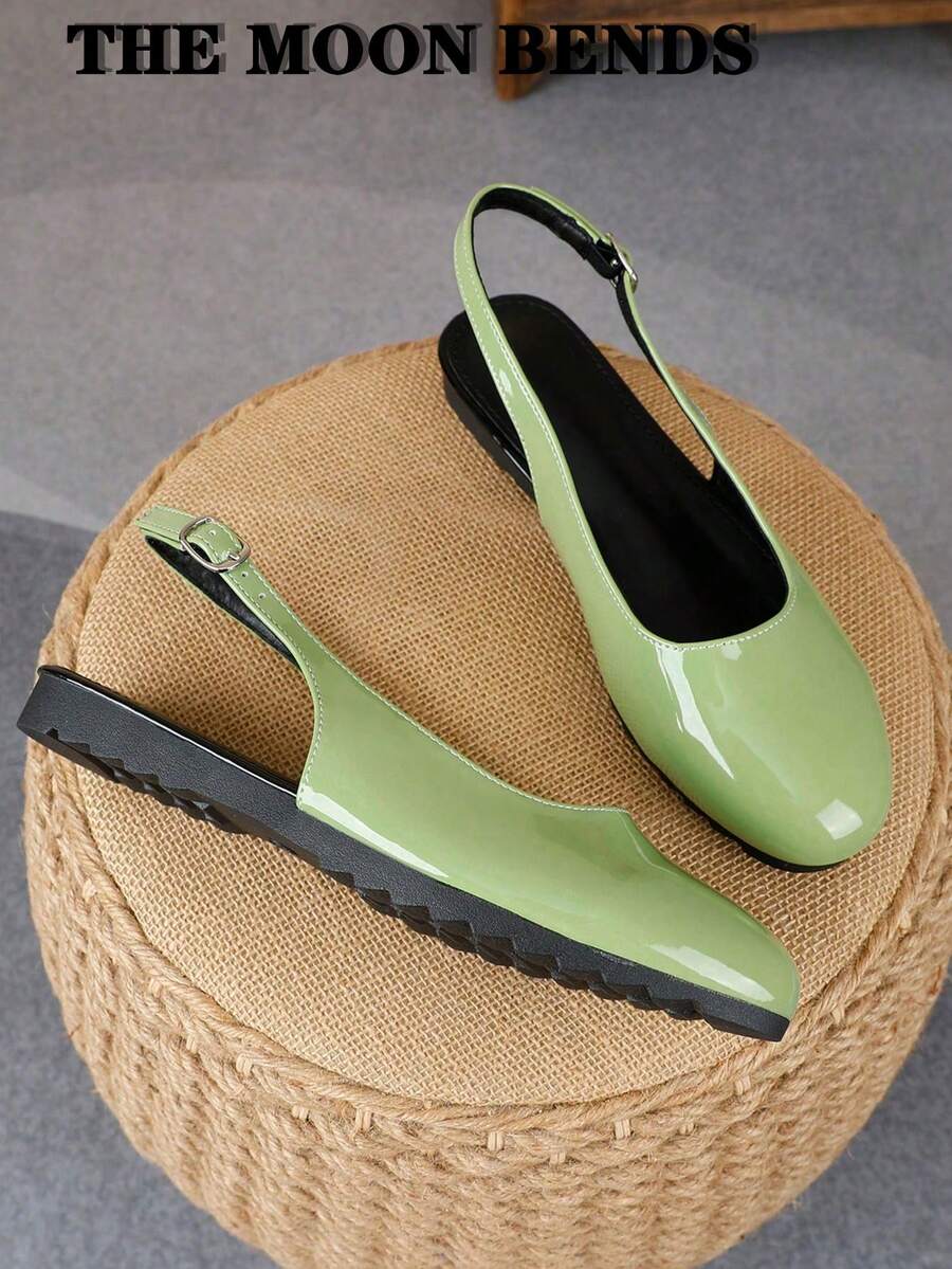 XBYASDF 2026 New Women's Round Toe Backless Flat Ballet Shoes, Green Glossy Buckle Strap, Comfortable Low Heel Commuter Shoes - Light Green - View 1