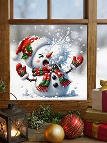 1pc Funny Snowman Sticker (Wearing Red Christmas Hat And Red Scarf), Christmas Static Cling Window Decal, Double-Sided Visible, Reusable No Residue, Removable Sticker, Suitable For Home Living Room, Holiday Party Glass Decoration - Multicolor - View 4