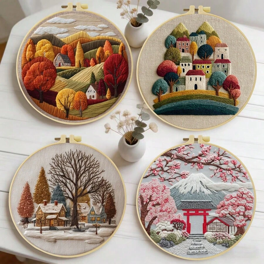 Forest Scenery Embroidery Kit For Adult Beginners. Includes Manual, Printed Fabric, Hoop, Needles, Threads & Stitch Guide. Great Home Gift For Women. Size: 15x15cm/5.9in Or 20x20cm/7.9in.