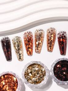 6pcs/Pack Shiny Autumn Hexagon Nail Glitter, Red Brown Gold Bronze Metallic Hexagon Nail Glitter, Suitable For Thanksgiving Wedding Holiday Nail Decoration - Multicolor - View 7