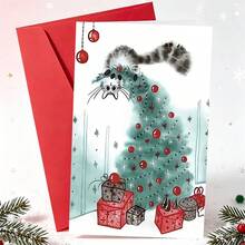 1 Greeting Card + 1 Envelope Adorable Christmas Greeting Card, Cat Playing With Tree "Merry Christmas" For Friends, Winter Holiday Festive Artistic Style Card. - Red Envelope - View 10