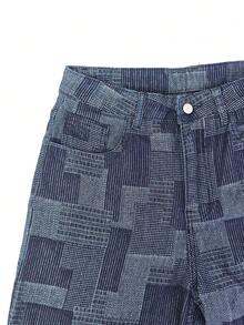 1Pc Men's Retro Blue Wash Mosaic Checkered Jacquard Baggy Wide Leg Jeans - Blue - View 6