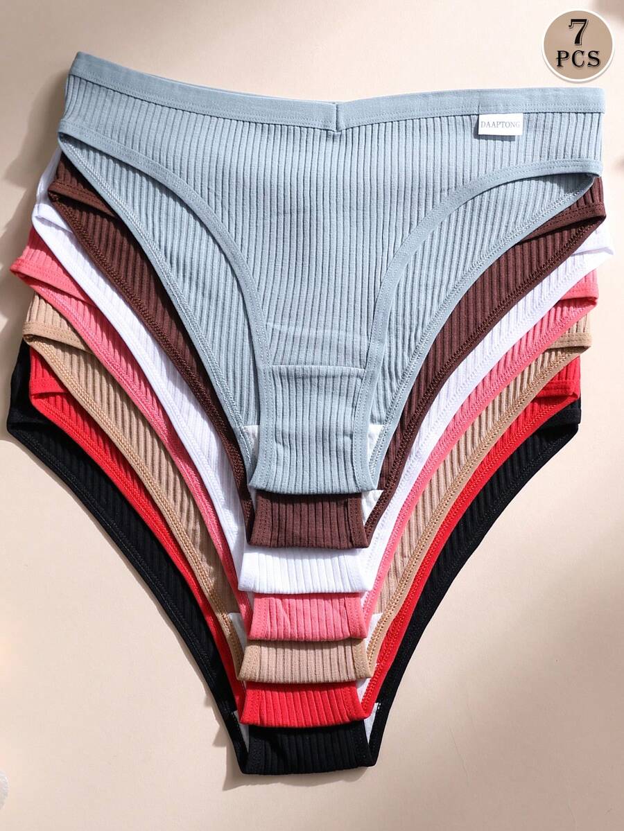 7件組女款棉質三角內褲 V腰無縫內褲 羅紋素色內衣 舒適透氣內褲