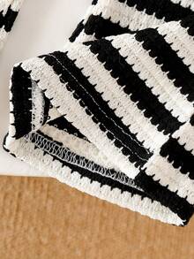 Korean Style Baby Girl Vintage Striped 2-Piece Set, Wavy Hem Faux Layered Patchwork Long Sleeve Top, Soft Textured Striped Loose Flared Pants, Spring/Autumn Outfit - Black and White - View 7