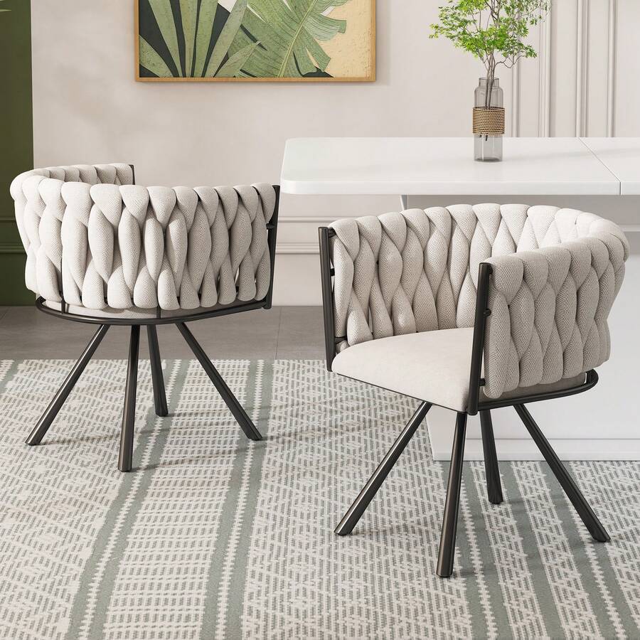 Set Of 2 Dining Chair Linen Black Beige For Kitchen And Dining Room - 黑色 - 查看 1