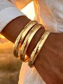 3pcs/Set Minimalist Elegant Wide Plain Metal Iron Gold-Tone Bangles, Suitable For Women's Daily, Party, Vacation, Wedding Wear And Gift - Gold - View 7