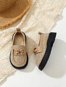 1 Pasang Sepatu Loafer Slip-On Gaya Inggris Vintage Berkilau dengan Hiasan Berlian Imitasi untuk Anak Perempuan, Cocok untuk Sekolah, Pemakaian Sehari-hari dan Festival, Musim Semi/Musim Gugur untuk Anak-anak Ukuran Sedang hingga Besar - Aprikot - View 3