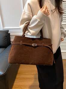 Women Retro Suede Tote Bag, Belt Buckle Decor Large Capacity Shoulder Handbag, Minimalist Commuter Top Handle Bag - Coffee - View 3