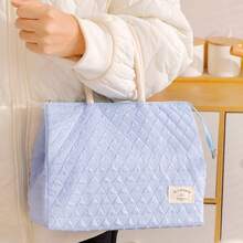 1pc Quilted Insulated Lunch Tote Bag, Portable Zippered Food Storage Handbag - View 3