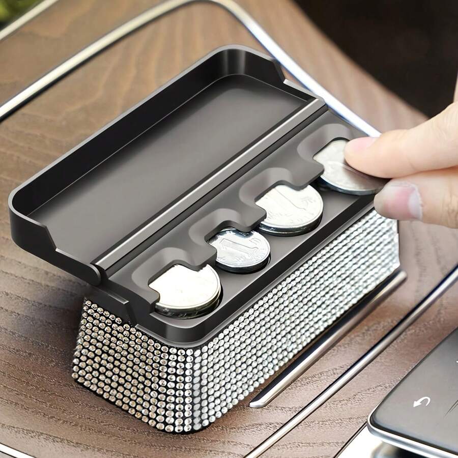 1pc Shiny Coin Storage Box For Car, Sparkling Rhinestone Vehicle Change Organizer, Diamond Car Interior Coin Dispenser, Universal Fit - A - View 1