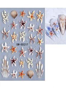1pc 5D Embossed Ocean Style Nail Art Sticker, Colorful Starfish Shell Coral Pattern, Summer Beach Theme Nail Decoration, DIY Self-Adhesive Nail Decal, Suitable For Women And Girls - Multicolor - View 7