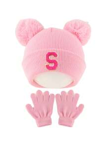 3pcs/Set Girls Winter Hat & Gloves Set, Suitable For 3-8 Years Old, A-Z Letter Knitted Knitted Hat With Pom Pom Ears, Elastic Warm Matching Gloves, Suitable For Cold Weather - Pink - View 10