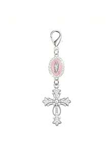 1pc Virgin Mary Cross Keychain, Alloy Rhinestone & Pearl Religious Pendant, Universal Charm For Car Keys, Handbags And Backpacks - A - View 17