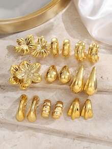 18pcs 9 Pairs Gold Tone Stainless Steel Stud Earrings Set For Women, Geometric Flower Shell Heart Earrings, Daily Vacation Party Jewelry - Gold - View 7