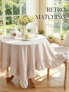 1pc Tablecloth With Ruffled Hem Decor, Polyester Fabric, Light Brown Plaid Pattern, Rectangular Or Square, Suitable For Dining Room And Living Room Table Decor - Light Coffee - View 9