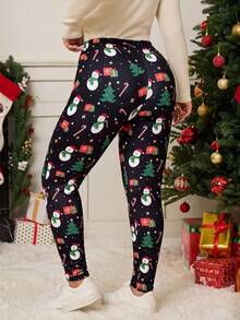 Plus Size Christmas Snowman Candy Cane Print Women's Leggings, Polyester Long Regular Fit Leggings, Holiday Winter Wear, Slightly Stretchy - Black - View 1