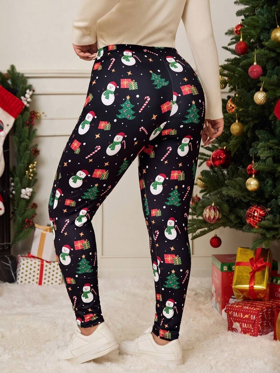 Plus Size Christmas Snowman Candy Cane Print Women's Leggings, Polyester Long Regular Fit Leggings, Holiday Winter Wear, Slightly Stretchy - Black - View 1