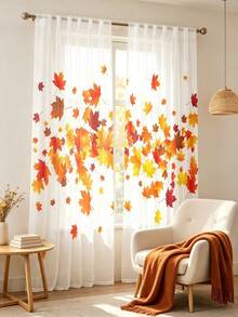 2PCS Thanksgiving Fall Sheer Curtains,Vibrant Falling Maple Leaf Print Semi‑Transparent Light‑Filtering Window Drapes For Bedroom Living Room Home Decoration - Multicolor - View 1
