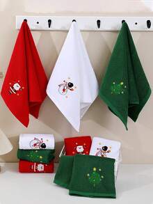 [1/3pcs] Cotton Christmas Cute Cartoon Embroidered Towels, Soft Super Absorbent Lint-Free Face Towels, Home Daily Use Adult Hand Towels Suitable For Kitchen, Bathroom And Living Room - Green/Red/White - Multicolor - View 5