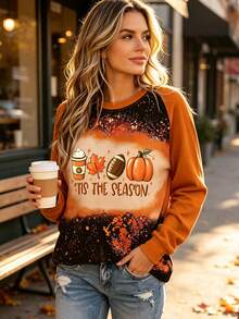 Women's Halloween Sweatshirt Pumpkin Pattern Letter Print Casual Long Sleeve Crew Neck Top - Orange - View 1