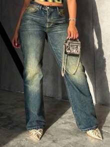 Celana Jeans Wanita Model Lurus Gaya Vintage Y2K, Celana Panjang Kasual Longgar dengan Saku dan Resleting - Navy Blue - View 2