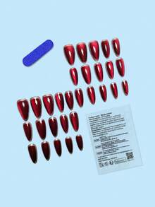 30PCS Handmade Burgundy Cat Eye Rhinestone Edge Press On Almond Nails, Luxury Evening Party Salon Nail Kit With Jelly Tabs - Red - View 2