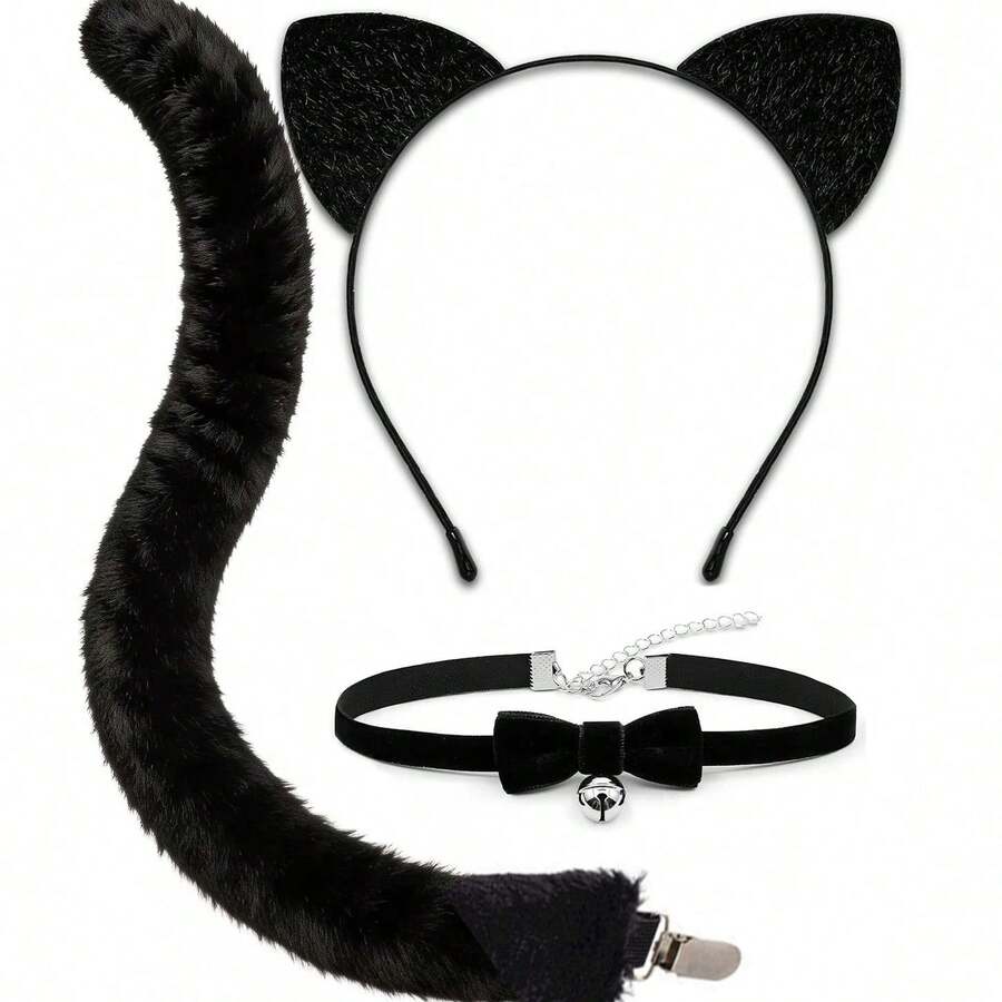 Cat Ear Headband And Tail Bell Collar Set, Women's Black Cat Ear And Tail Costume Set, Cat Themed Costume Accessories, Suitable For Halloween Party And Adult Women Cosplay Events - Multicolor - View 1