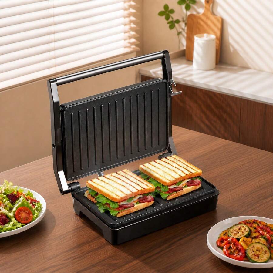 1000W Panini Press & Sandwich Maker - 304 Stainless Steel, Non-Stick Griddle Plates, Versatile Folding Health Grill For Meat, Kebabs, Fish With Automatic Temperature Control (Silver), By Yabano - Black - View 1