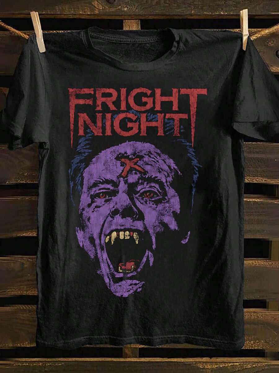 Camiseta de manga corta con cuello redondo y estampado Frontal Fright Night, tela cómoda y transpirable, estilo casual deportivo, camiseta de algodón para hombre, ropa de calle, regalo de cu - Negro - Ver 1