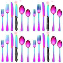 24 Piece Colorful Cutlery Set With 4 Steak Knives - Stainless Steel Cutlery Set For Home, Parties And Restaurants - Silver Cutlery Set Dishwasher , Mirror Polished Cutlery Set With , Cutlery Set For 4 People - 炫彩 - 查看 1
