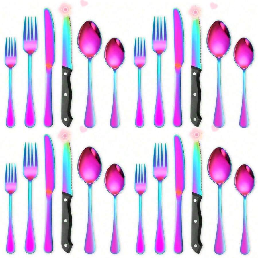 24 Piece Colorful Cutlery Set With 4 Steak Knives - Stainless Steel Cutlery Set For Home, Parties And Restaurants - Silver Cutlery Set Dishwasher , Mirror Polished Cutlery Set With , Cutlery Set For 4 People - 炫彩 - 查看 1