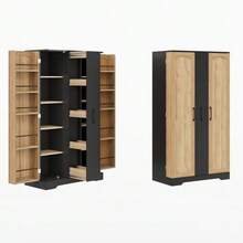 Kitchen Cabinet With Spice Rack, Spacious Double-Door Cabinet With 4-Tier Vertical Drawer, Adjustable Shelves And Modern Design – 150 * 78 * 40 Cm, Black - Black - View 8