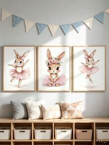 3pcs Canvas Wall Art Set, Frameless Waterproof Poster, Rabbit Ballet Dress Floral Print, Home Decor, Suitable For Kids Room Boys Girls Bedroom, Perfect Gift - Multicolor - View 2