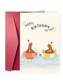 1pc Funny Birthday Card: A Chicken Wearing A Party Hat And Holding A Swim Ring, Featuring Cartoon Style Chicken Pool Party Pattern And Vibrant Colors. Card Comes With Envelope. Perfect For Friends, Family And Colleagues. - Multicolor - View 4