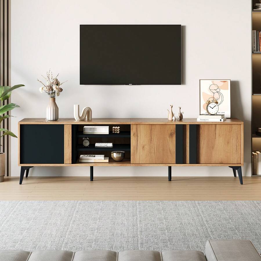 Rustic Brown TV Stand - TV Cabinet With Door And Open Shelf - Up To 80 Inch Compatible - Black and Brown - 查看 1