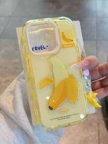 1件 3D香蕉手機殼 適用於16promax/IPhone16pro 韓系Ins新款 15/14 小眾創意高級 13 可愛卡通 11/12 女生風，適用於IPhone17Promax 17pro 17 17Air 3D香蕉附掛繩智慧型手機保護殼 - 黃色 - 查看 3