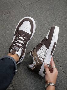 Zapatillas casuales planas con cordones y bloques de color para hombres, zapatos planos de pareja cómodos con estampado de impresión aleatoria y versátil para la calle - blanco marrón - Ver 6