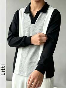 Tween Boys Color Block Polo Collar Sweatshirt, Long Sleeve V Notch Neck Loose Fit Casual Fall Pullover Tops For Everyday Wear - Black - View 2