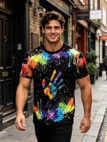 Men's Graffiti Palm Tree Print T-Shirt, Casual Short Sleeve Round Neck Tee, Summer Outdoor Menswear - Grey - View 1