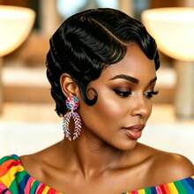 150% Density Finger Wave Human Hair 13x4 Front Lace Wig Natural Black 99J Short Hair Women's Wig - Multicolor - View 1