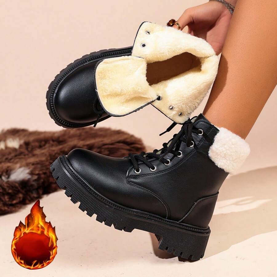 Women's Ruched Shiny Leather Lace-Up Utility Ankle Boots With Side Zipper, Thick Sole, Round Toe, Chunky Heel, Short Boots, Black Vintage Motorcycle Boots, Autumn/Winter
