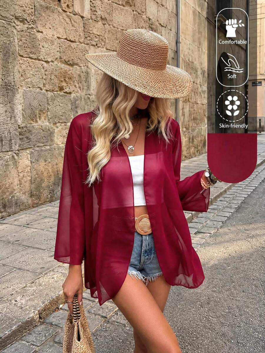 EARO Vacation Casual Solid Color Flare Sleeve Sheer Lightweight Jacket Spring - Burgundy - View 1