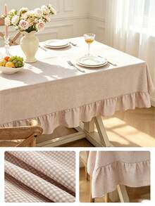 1pc Tablecloth With Ruffled Hem Decor, Polyester Fabric, Light Brown Plaid Pattern, Rectangular Or Square, Suitable For Dining Room And Living Room Table Decor - Light Coffee - View 5