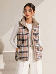 Women's Reversible Vest, 2-In-1 Sleeveless, One Side Plain, One Checkered. Loose Fit. - Beige - View 2