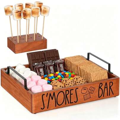 Wooden S'mores Bar Station, Brown Smores Caddy Holder With Handles For Counter, Farmhouse S'mores Serving Tray For Kitchen, S'mores Maker Box For Smores Kit Camping Decor, Smores Accessories Organizer For Outdoor Barbecue