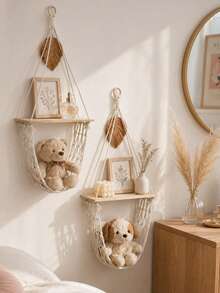 1pc Cream White Decorative Hanging Storage Rack Bohemian Farmhouse Style Triangle Hanging Design Tassel Net Hammock Display Storage Rack Plush Doll Storage Display Rack Bedroom Nursery Living Room Game Room Apartment Home Decor Wall Shelf - Beige - View 5