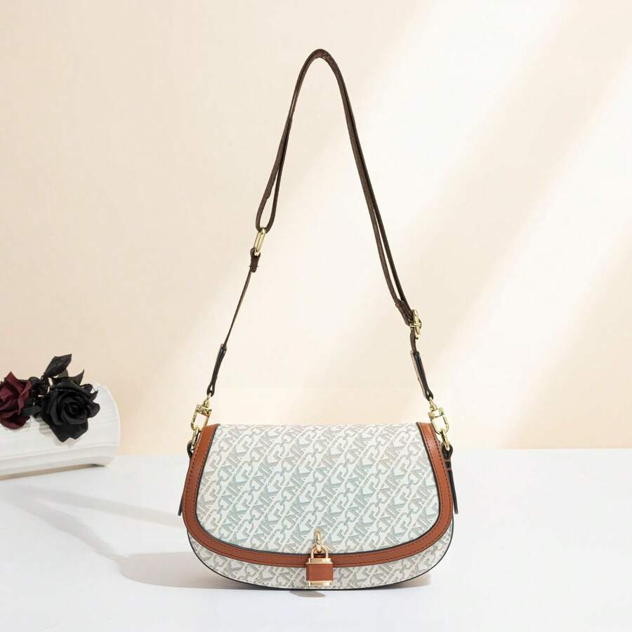 MKF Women's Vintage Floral Luxury Saddle Bag, 2026 New Letter Logo Crossbody Bag, Lock Flap Wide Strap Shoulder Bag, Brown PU Trim Adjustable Shoulder Strap Handbag, Daily Commute Bag, Women's Daily Travel Handbag, All-Season Versatile Everyday Style - Multicolor - View 1