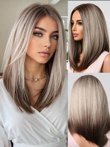 16 Inch Synthetic Hair Straight Gradient Gray-Gold Middle Part Feather Layered Bob Wig, Fashionable Mid-Length, Suitable For Daily Wear, Party, Halloween And Christmas Fashion Accessory - Ombre - View 10