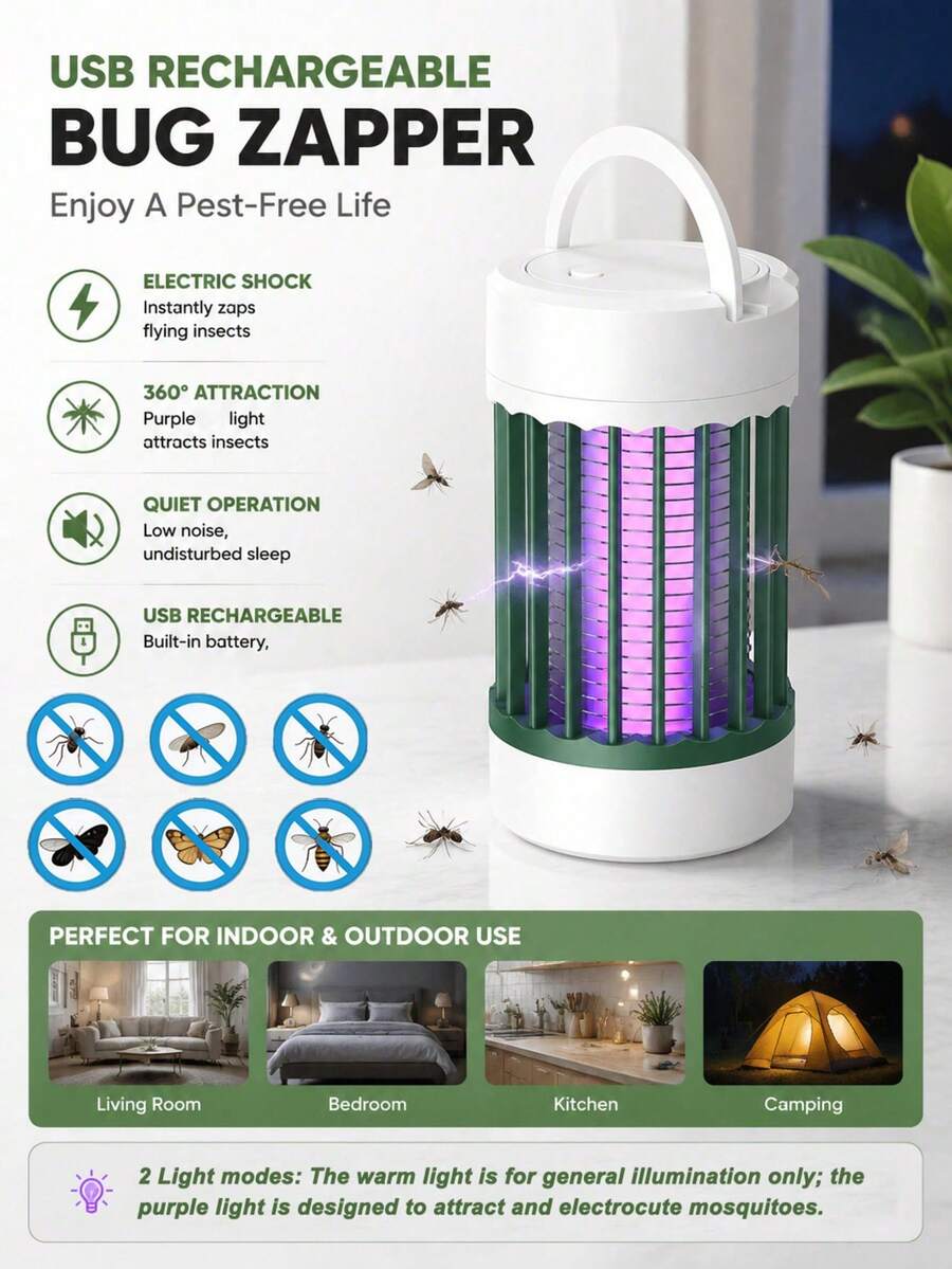 可充電蚊子電擊拍，附電網設計，適用居家與露營，USB充電便攜式果蠅與小飛蟲陷阱，紫色光昆蟲誘捕燈，室內外陽台可用