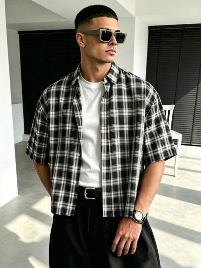 WAIT HIM Men's Casual Front Button Short Sleeve Plaid Shirt, Summer